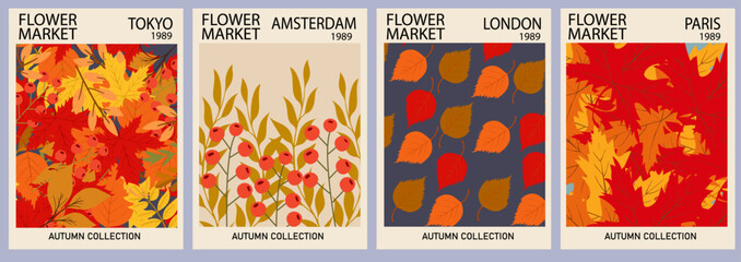 Vintage autumn Flower Market posters with colorful fall leaves. Trendy botanical wall arts with autum leaves. Modern naive funky interior decorations. Vector art.