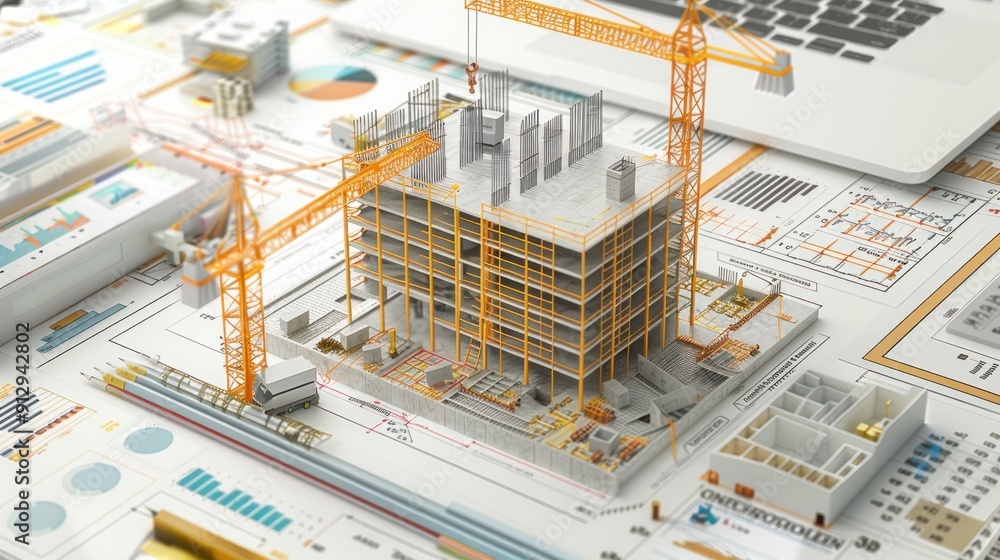 Wall mural generate a photo realistic image of a construction project with a detailed expense forecast showing 