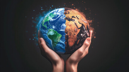 Earth in human hands on dark background. Earth view is half normal and half damaged. Climate crisis concept, global problems