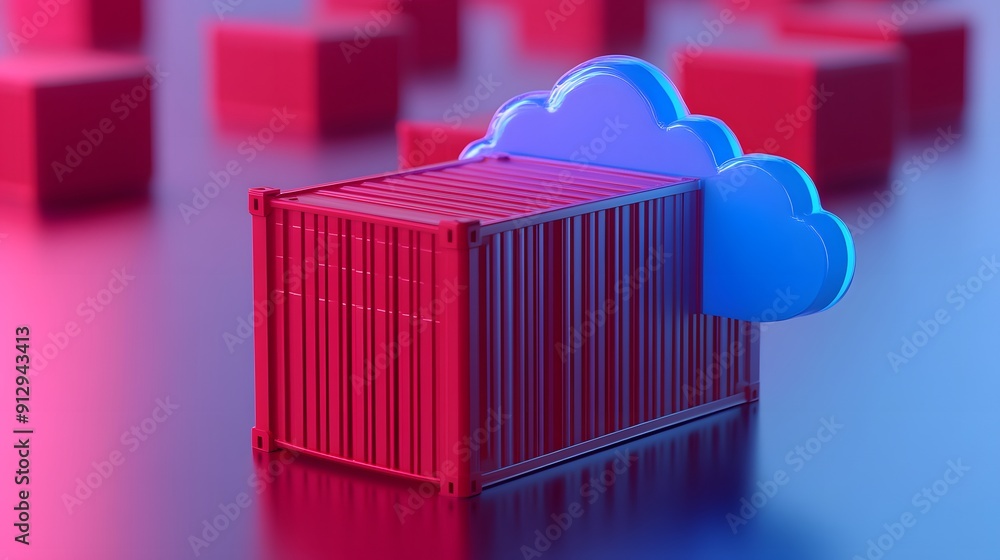 Poster 3d illustration of a red shipping container with a blue cloud icon, representing cloud storage and c