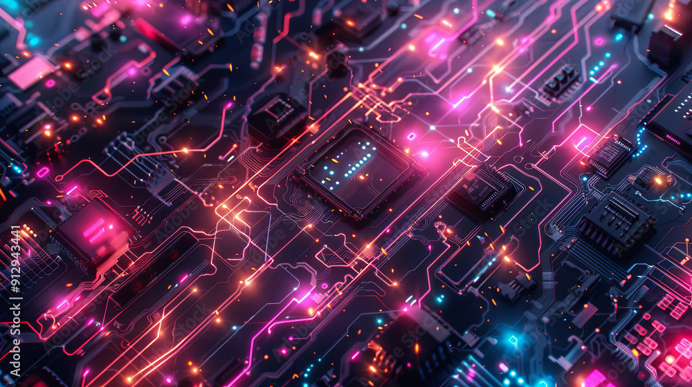 Poster circuit board technology background with glowing lines digital data processing electronic motherboar