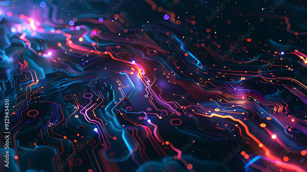 Poster glowing blue red circuit board technology background motherboard digital data electronic computer ha