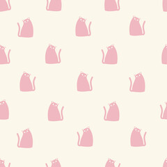 Autumn fall seamless pattern with cute pink cats on beige background. Colorful vector illustration.