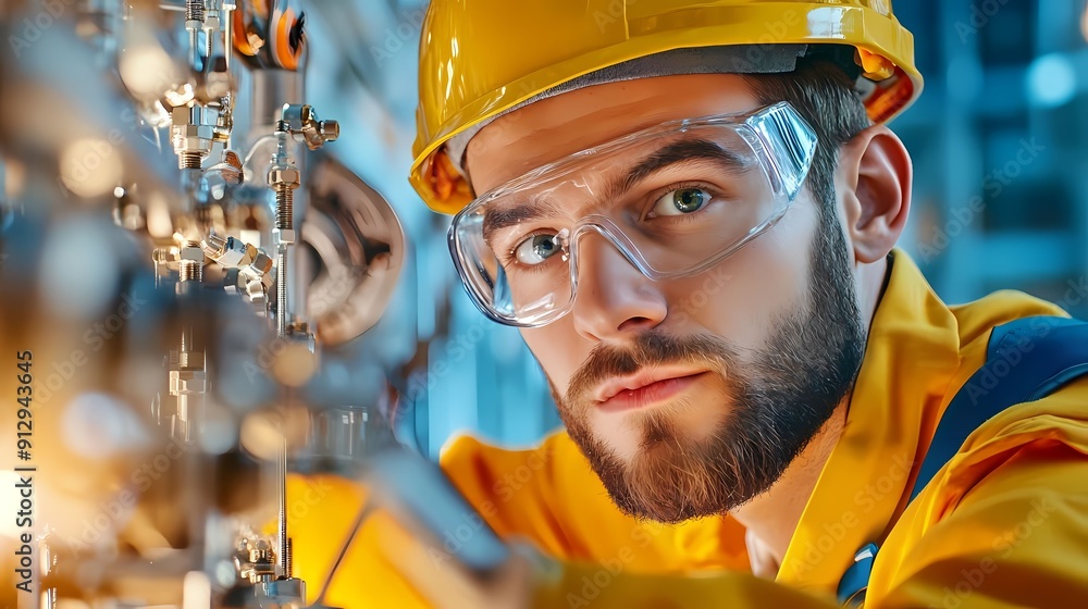 Wall mural a focused engineer wearing a hard hat and goggles, working on machinery in an industrial setting, sh