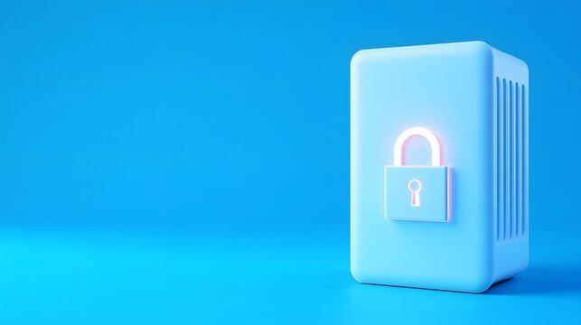 3D illustration of a secure server with a glowing padlock on blue background, symbolizing data protection and cybersecurity.