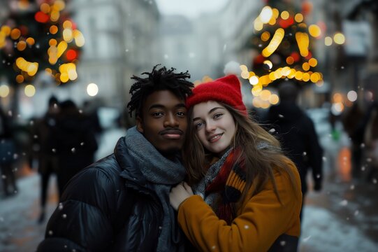 Young interracial couple immersed in the holiday spirit at a festive christmas market