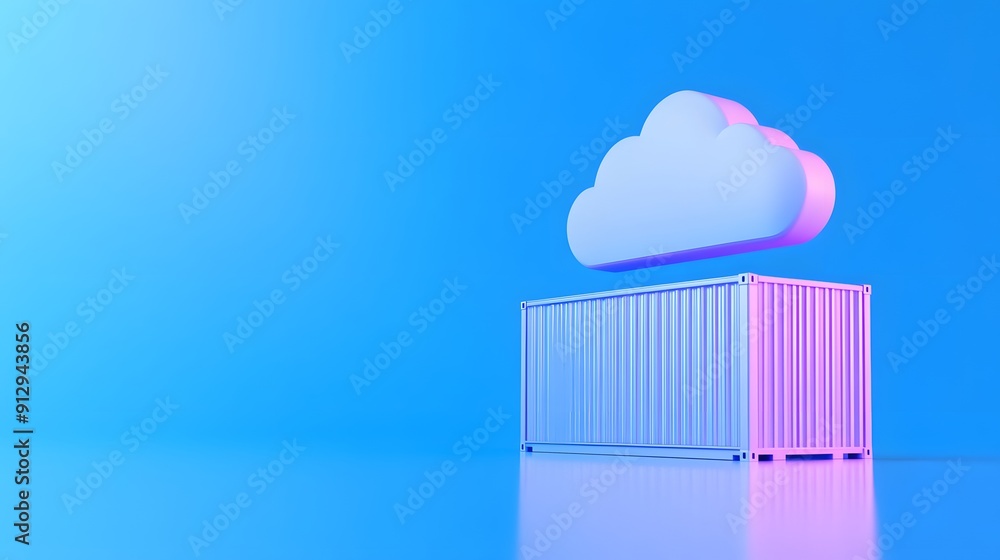 Poster 3d illustration of a white cloud hovering above a shipping container on a blue background, symbolizi