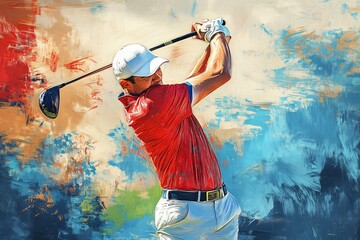 Dynamic and colorful painting of a powerful golfer in a red shirt swinging his club