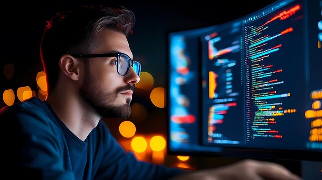 A focused programmer working late at night, coding on a computer monitor with colorful programming scripts in a dimly lit environment.