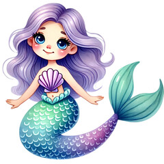 Adorable mermaid with flowing purple hair, blue eyes, and a colorful tail, wearing a seashell top, illustrated in a kawaii style.