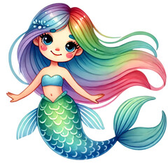 Charming mermaid with flowing rainbow hair, blue eyes, and a green tail, illustrated in a vibrant and colorful kawaii style.