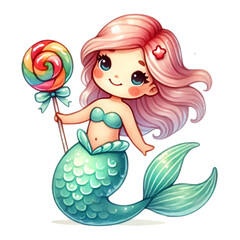 Charming mermaid with pink hair, holding a colorful lollipop, and a green tail, illustrated in a playful and kawaii style.
