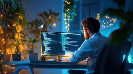 A programmer working late at night, surrounded by plants and warm lights, focused on coding at a dual-monitor setup.