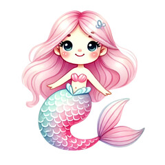 Adorable mermaid with flowing pink hair, a gradient pink and blue tail, and a sweet smile, illustrated in a kawaii style.