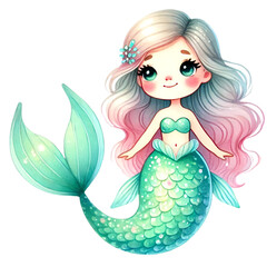Adorable mermaid with flowing pastel pink and blue hair, a green tail, and a sweet expression, illustrated in a kawaii style.