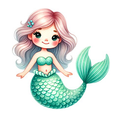 Charming mermaid with soft pink hair, a green tail, and a gentle smile, illustrated in a colorful and kawaii style.