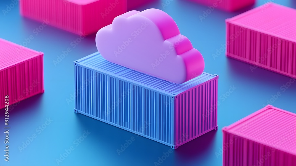 Poster 3d illustration of cloud computing storage concept, showing a large cloud on top of a container in v
