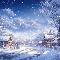 Fototapeta premium Frosty Festive Celebration: An Animated Snow Scene with Wintertime Festivities Embracing the Season's Chill and Cheer.