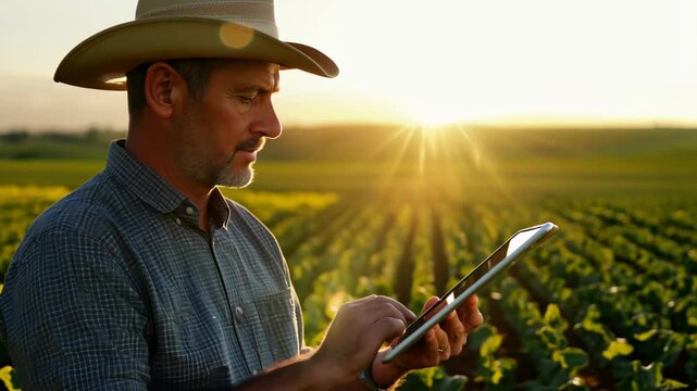 A man in a plaid shirt and cap stands against a field using a tablet for work, illuminated by the setting sun.
Concept: use of technology in agriculture, farming
