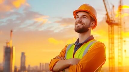 Confident construction worker in safety gear smiles at sunset on a job site, embodying optimism and professionalism in building.