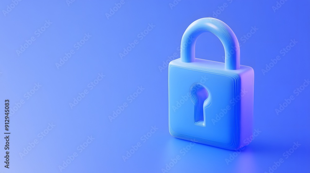 Poster 3D render of a blue padlock icon on a blue background symbolizing security, protection, and privacy in digital and physical spaces.
