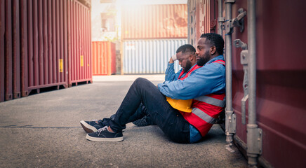 Two Engineer or foreman wears PPE sitting stress on container background in container storage with...