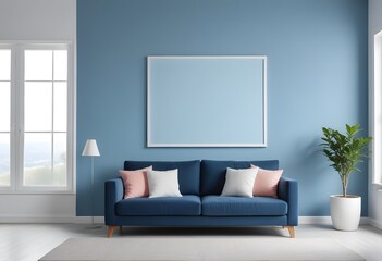 A modern living room with a large sofa and blank framed  on wall, and a wooden coffee table on a light colored hardwood floor
