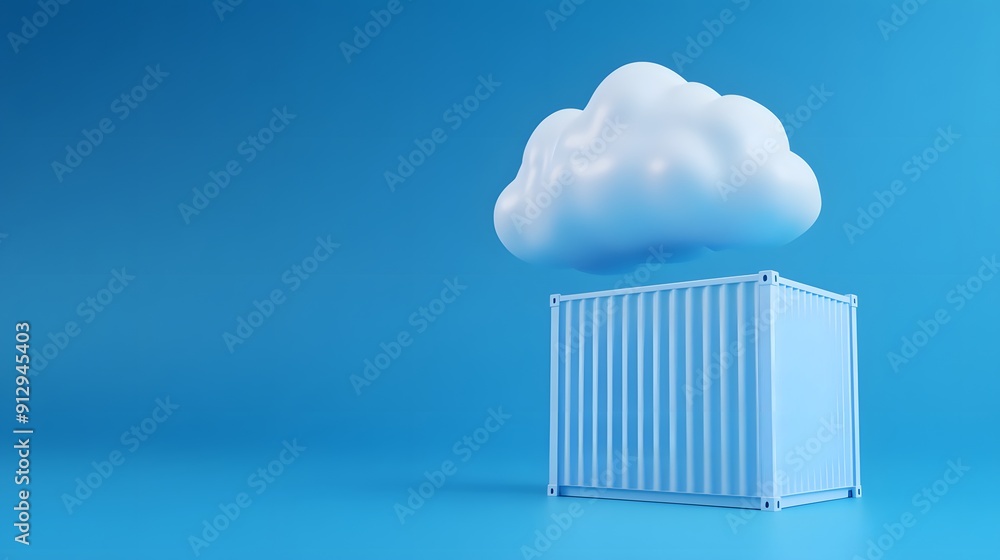 Poster 3d render of a white shipping container beneath a fluffy cloud, symbolizing cloud storage and data s