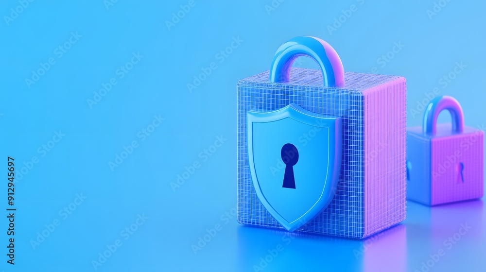 Poster 3d render of two locks in blue and pink hues symbolizing security and privacy on a gradient backgrou