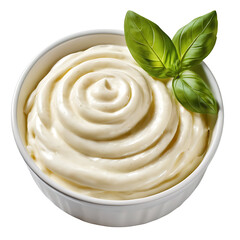 A white bowl filled with creamy mayonnaise, garnished with fresh basil leaves. Transparent PNG for versatile use. Perfect for food blogs, recipe websites, or condiment advertisements.