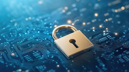 Red padlock icon with blue bokeh background.