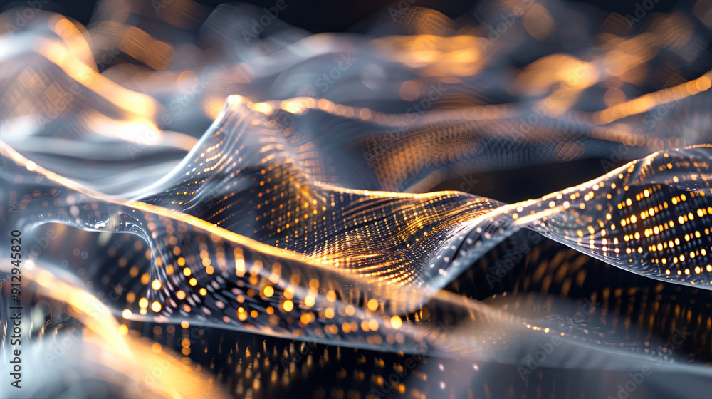 Poster abstract background with animation of waving surface from blinking particles and lines as data trans
