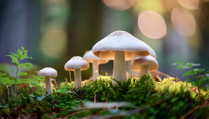 Fototapeta premium White mushrooms in enchanted forest. Mysterious woods. Beautiful nature.