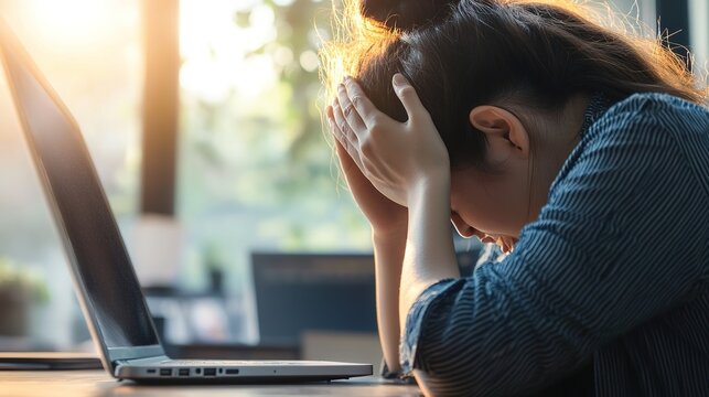 A person sitting at an office desk, holding their head in pain and crying while using laptop . The background is blurred with natural light streaming through the window.