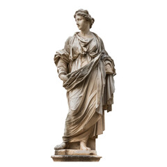Full length view of an ancient weathered marble statue of a greek woman posing with draped clothing