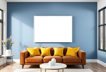 A modern living room with a large sofa and blank framed  on wall, and a wooden coffee table on a light colored hardwood floor