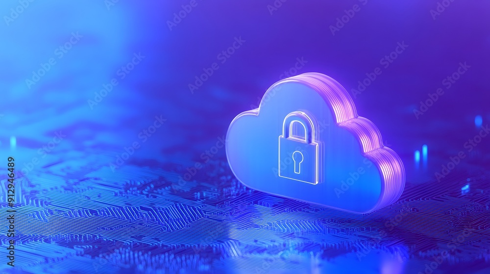 Poster 3d rendering of a glowing cloud with a padlock icon, representing cloud security in a digital landsc