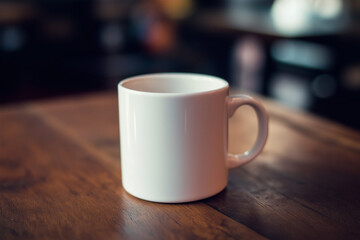 Obraz premium White coffee mug on a wooden table in a cozy setting, perfect for a warm and inviting morning.