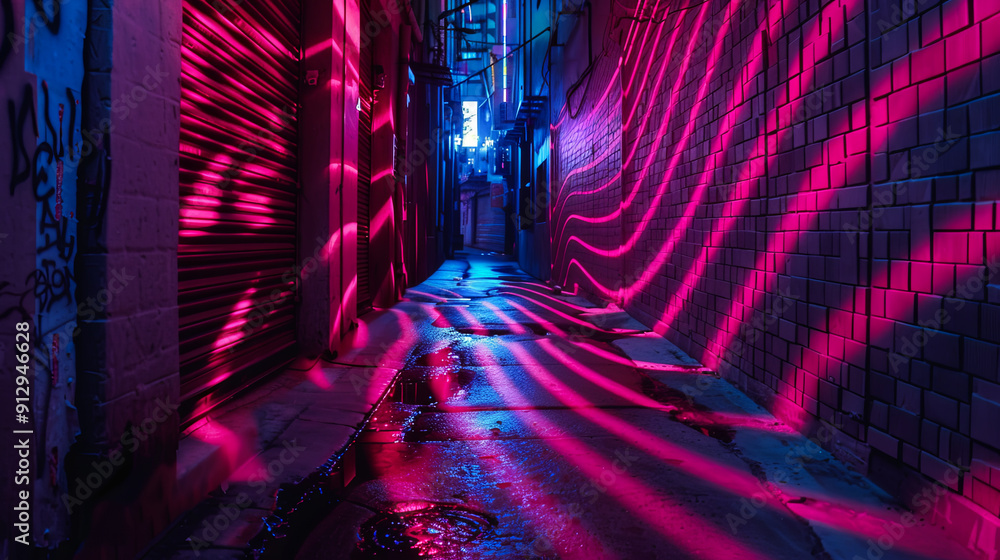 Wall mural dark urban alleyway at night illuminated with pink and blue neon lighting wet pavement graffiti city