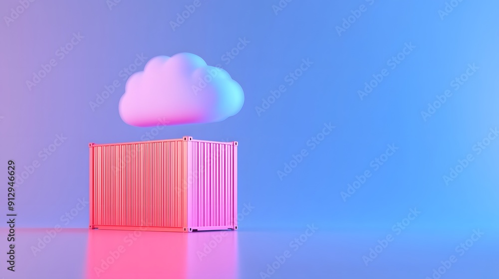 Poster 3d rendering of a pink container with a cloud hovering above, set against a pastel gradient backgrou