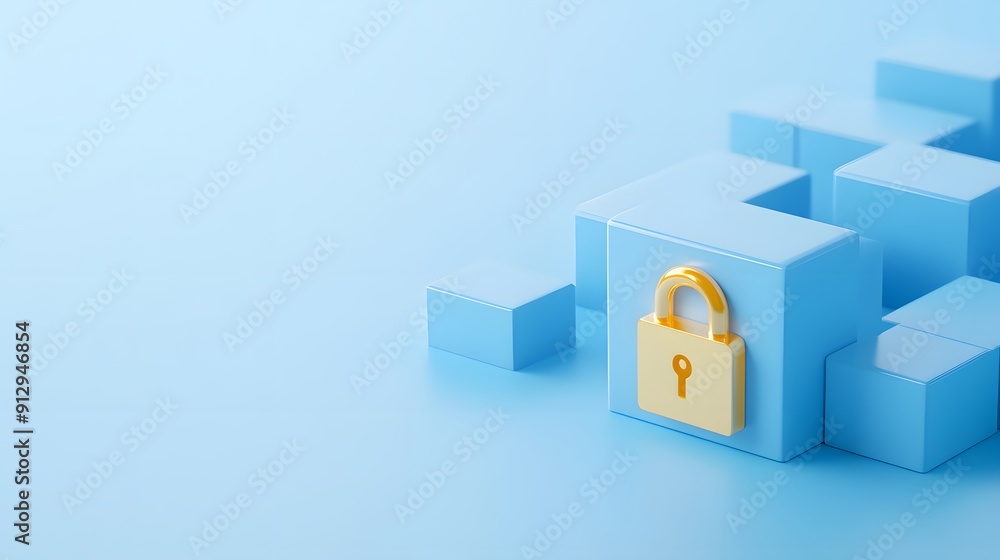 Poster 3d rendering of blue blocks with a yellow padlock symbolizing cybersecurity, data protection, and se