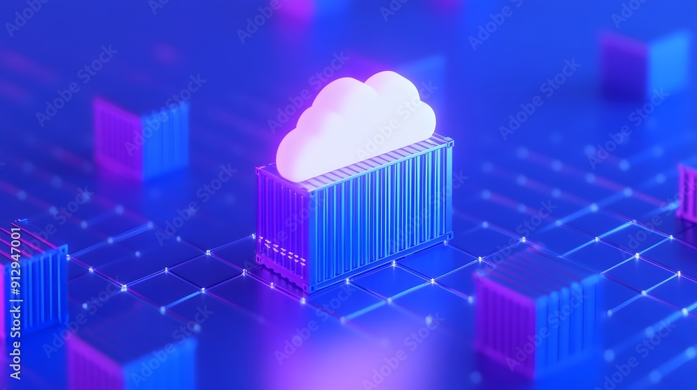 Poster 3d rendering of cloud computing technology, featuring a glowing cloud symbol on a container backgrou