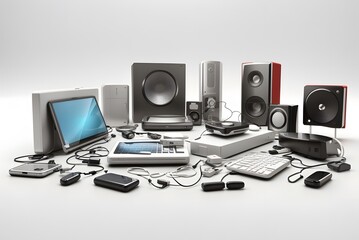 Electronic waste, gadgets for daily use and broken on white background
