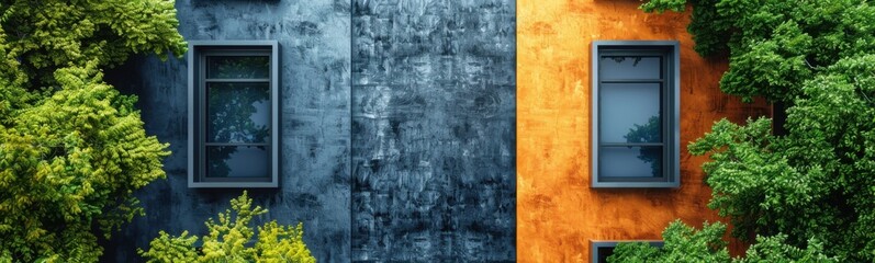 Two windows on the side of a building with trees, Banner, Copy space