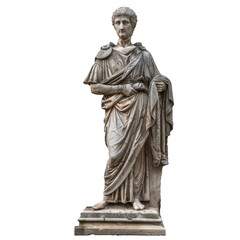 Ancient roman marble statue wearing a toga posing on white background