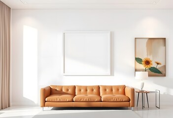 A modern living room with a large sofa and blank framed  on wall, and a wooden coffee table on a light colored hardwood floor