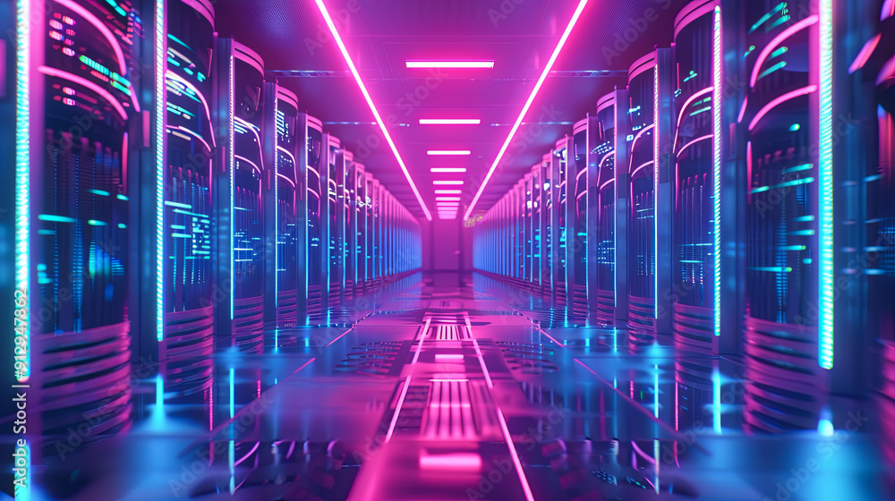 Poster server room data center cloud computing technology network connectivity internet online cyberpunk ne