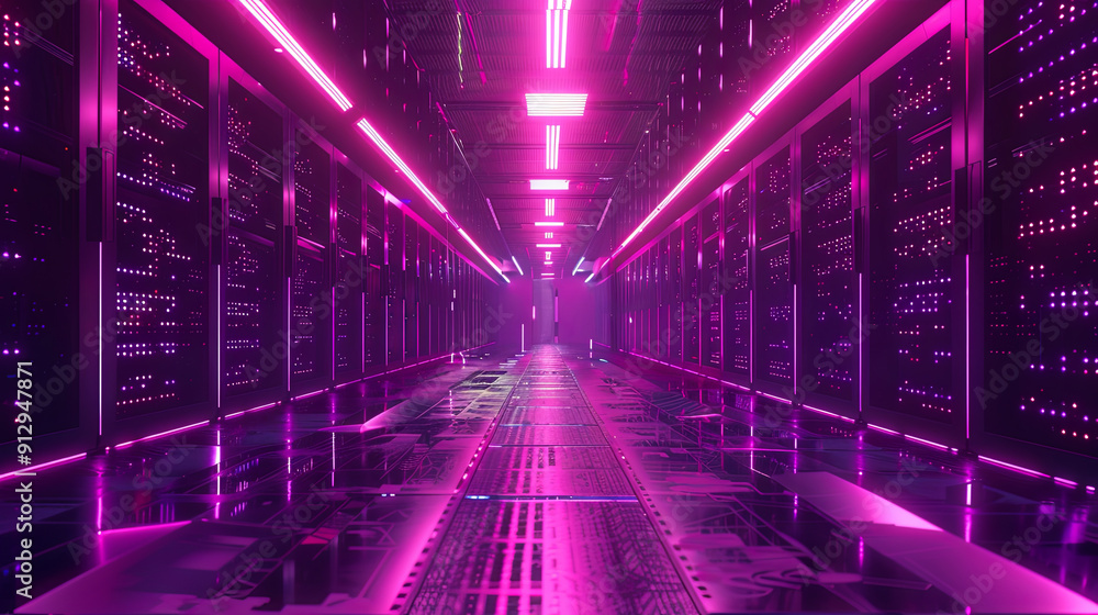 Poster servers in data center server room with neon lights blinking big data connectivity technology cloud 