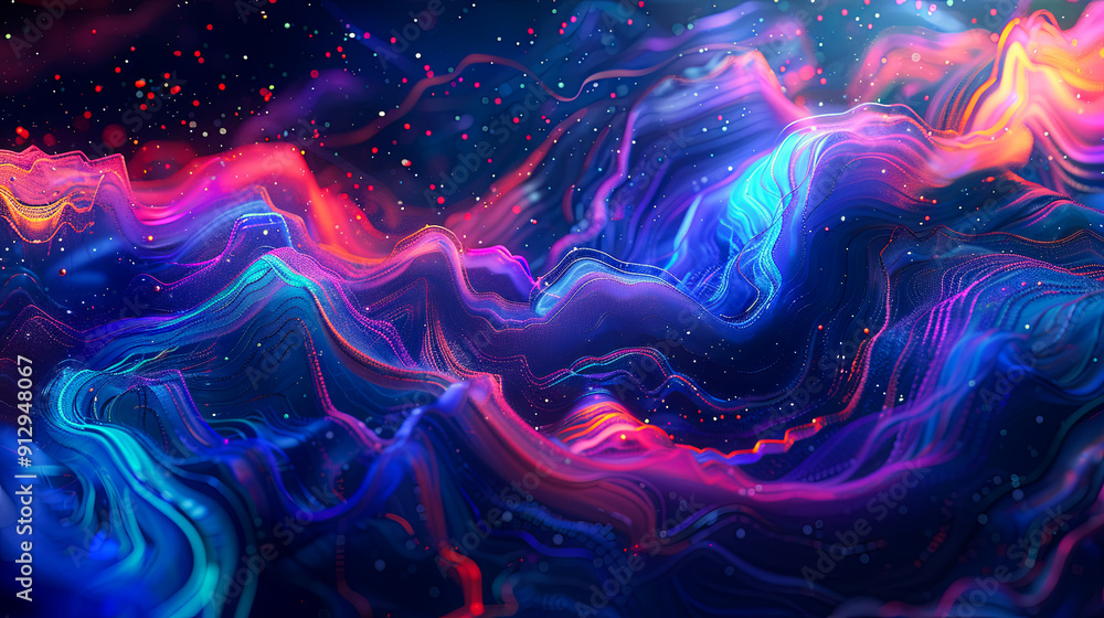 Poster Abstract digital landscape with flowing colorful particles Big data visualization Network connection structure background 3d render