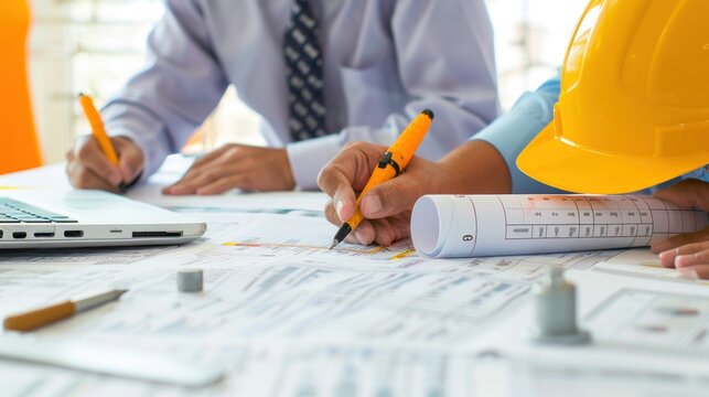 Generate a photo realistic image of a construction project team participating in a workshop on cost estimation, with detailed financial charts and estimation tools